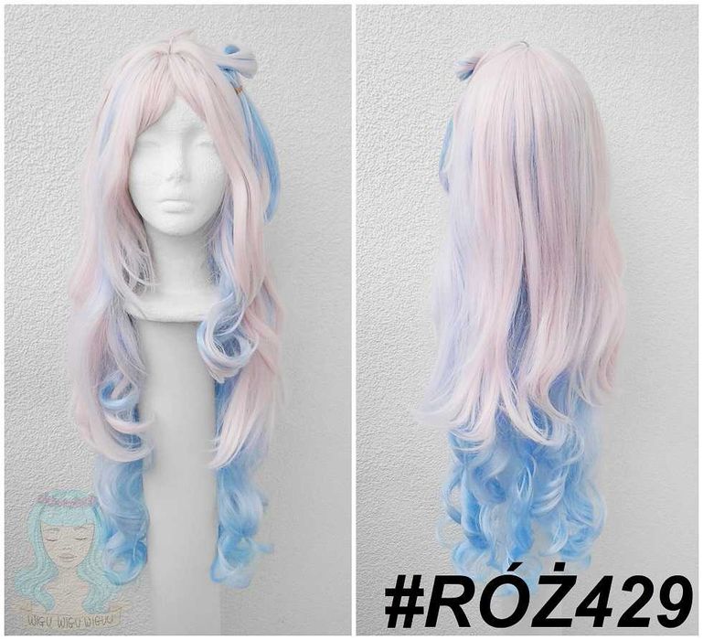 Długa różowa błękitna lokowana falowana pastelowa peruka z grzywką cosplay wig Denia Wuthering Waves ombre gradient na konwent przebranie