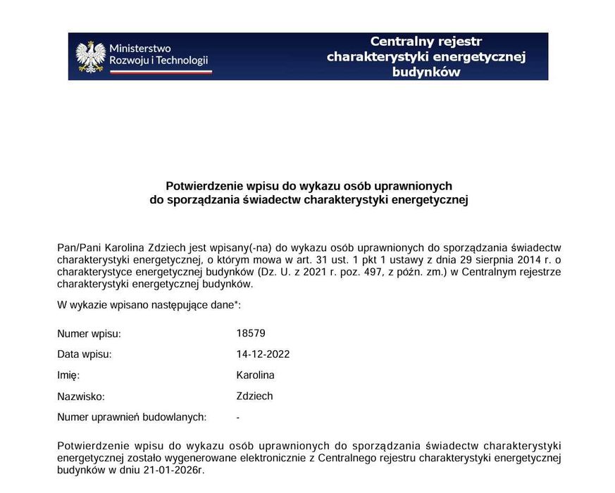 ŚWIADECTWO energetyczne  /CERTYFIKAT 24h – od 49 zł – wpis do rejestru