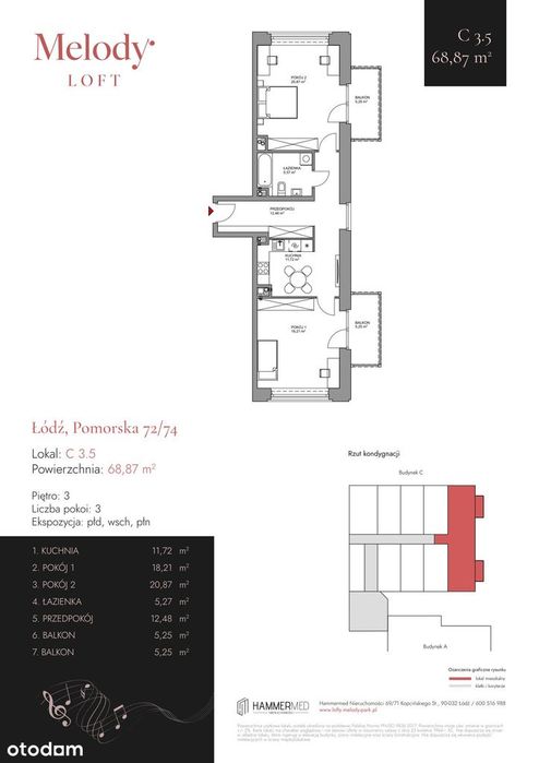 2-pokojowe mieszkanie 70m2 + 2 balkony