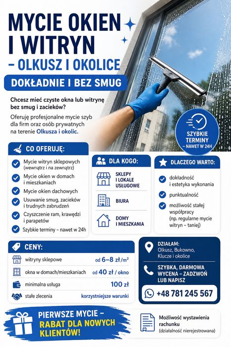 Mycie okien i witryn – Olkusz i okolice | dokładnie i bez smug