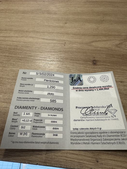 Pierścionek złoty 1,29Gr(14K)pr.585 Certyfikat otoLombard Lumik Kalisz