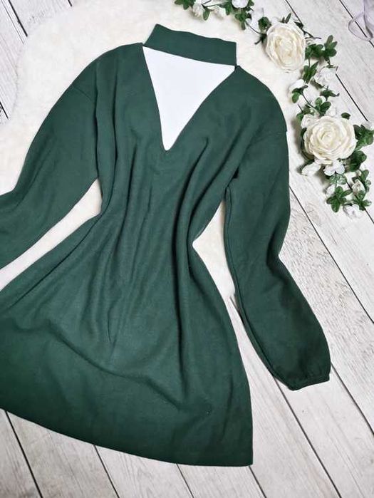 Asos Zielona Sukienka Dzianinowa Sweter Choker Boho Retro Oversize