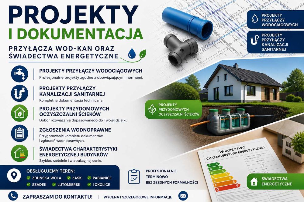 Projekty przyłączy wod-kan, oczyszczalni przydomowych, zgłoszenia wodnoprawne, świadectwa energetyczne