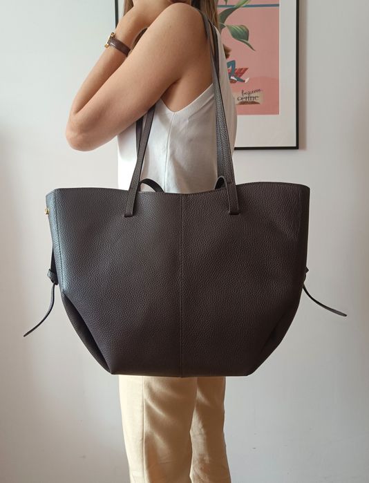 Skórzana duża torebka shopper na ramię gorzka czekolada