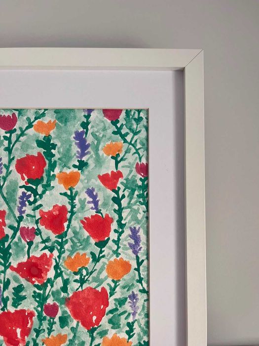Quadro - Pintura abstrata (floral) em aguarela com moldura