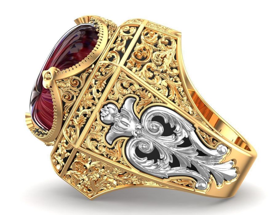 Sygnet duży złoty królewski z rubinem próba 585 30g z diamentami