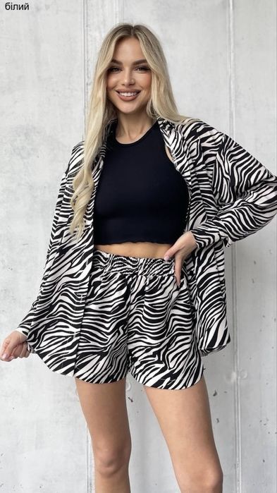 Стильний костюм сорочка + шорти в актуальному принті zebra