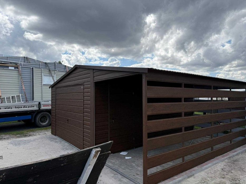 Garaż blaszany Ciemny Orzech 6×5 Dwuspadowy + Wiata Panelowa PREMIUM