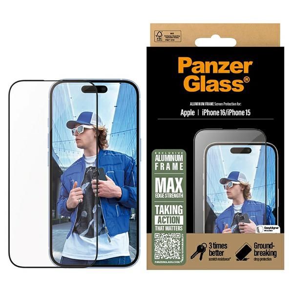 PanzerGlass Screen Protector AluminumFrame iPhone 16 / 15 6.1 Ultra-Wide Fit 2849