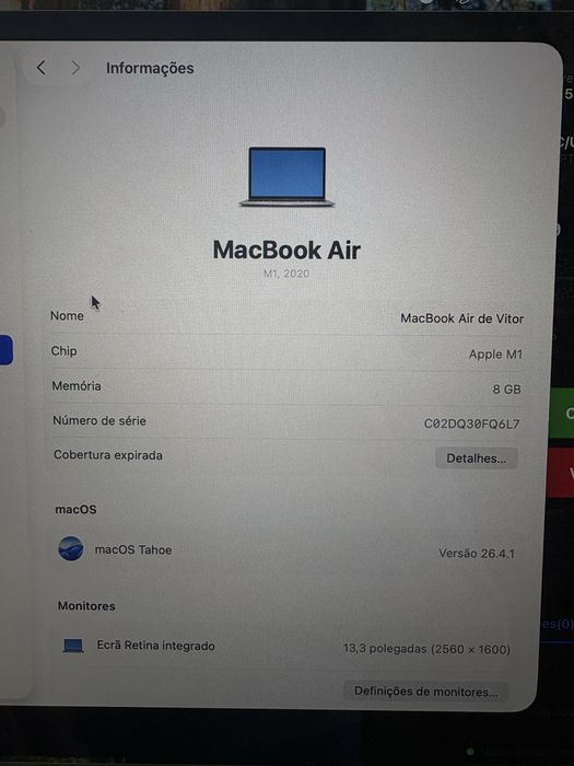 MacBook Air M1 8GB/256GB - Completo(caixa e fatura) + Oferta capa PT