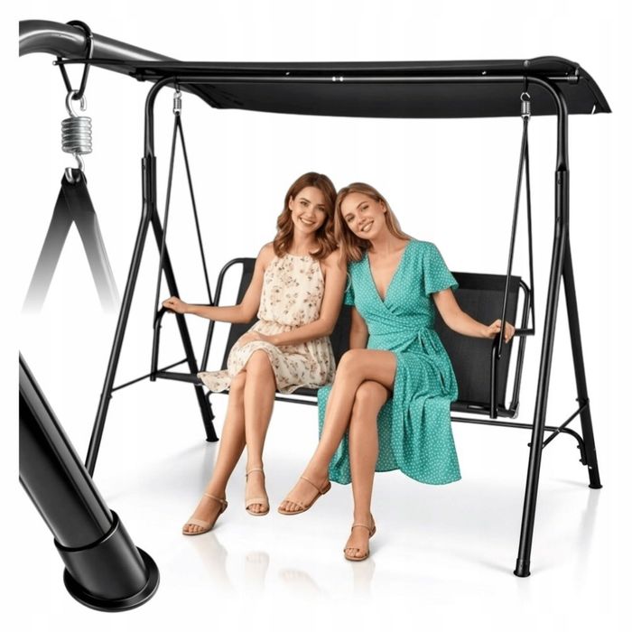 HUŚTAWKA OGRODOWA Wolnostojąca Czarna 3-Osobowa Regulowany Daszek