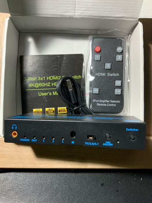 HDMI перемикач 3×1 з аудіоекстрактором 4K 60Hz ARC SPDIF AUX RCA HDMI
