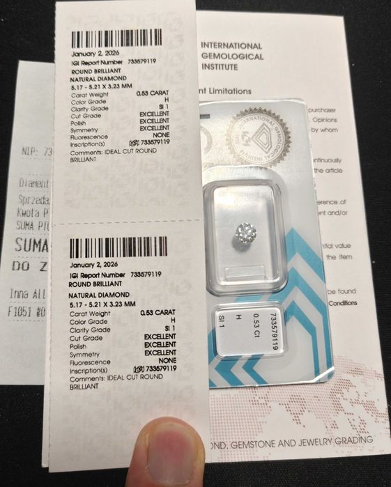 Diament brylant naturalny | Certyfikat IGI | Ex Id / Ex / Ex