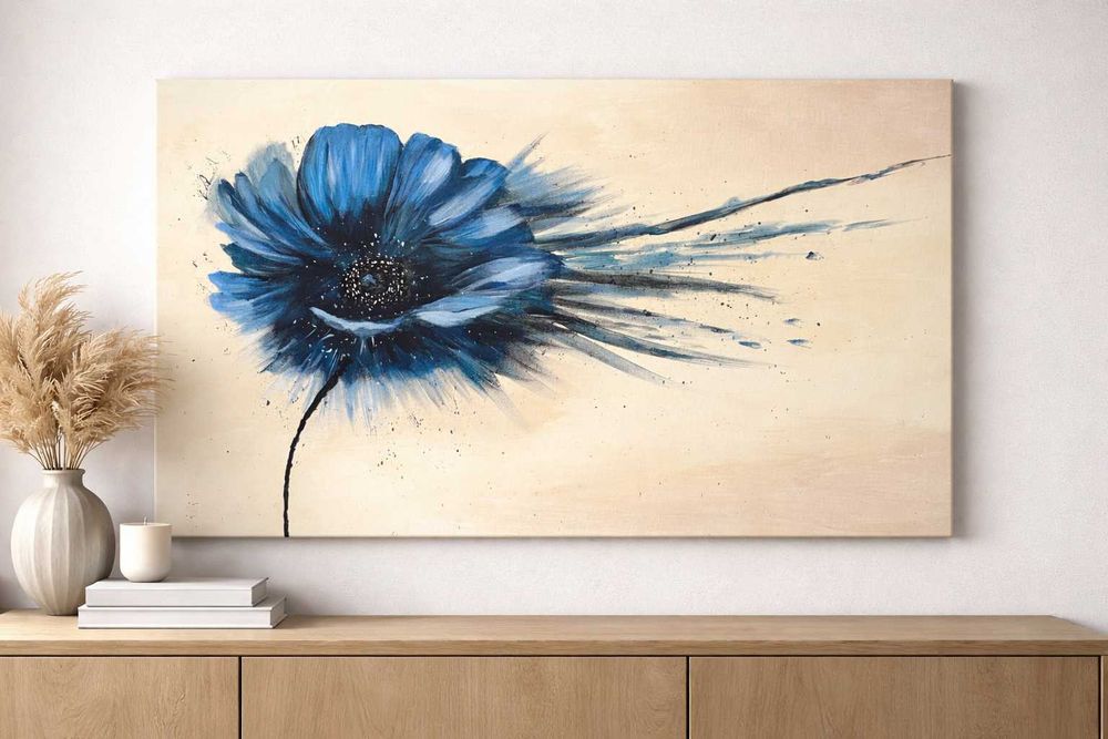 Obraz ręcznie malowany 40x60 – nowoczesna abstrakcja, niebieski kwiat