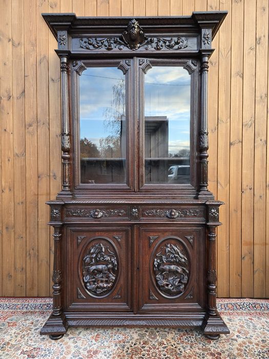 Kredens eklektyczny rzeźbiony pies wilk myśliwski #2143 Stylowy Węgrów