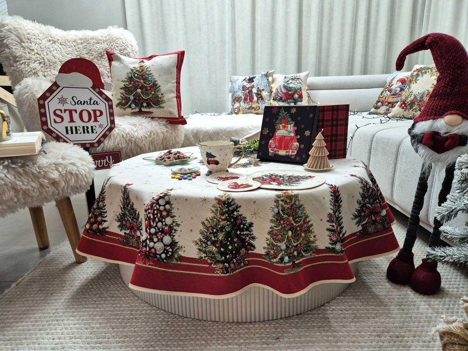 Obrus okrągły 140 cm świąteczny gobelinowy 4120