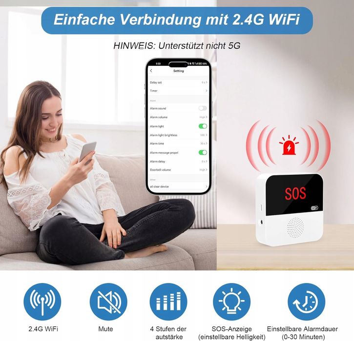 Alarm awaryjny Tuya WiFi dla osób starszych 2 przyciski + 1 odbiornik