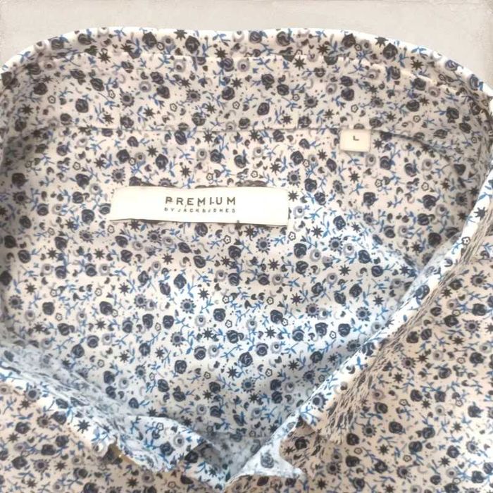 Jack & Jones premium biała koszula w niebiesko granatowe wzorki L bawełna