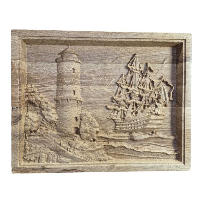 Żaglowiec z latarnią morską płaskorzeźba z dębu 40 x 30 cm