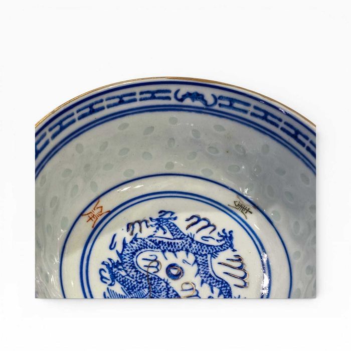 Conjunto Chinês Porcelana “Rice Grain” com Tigela e Colher – Dragão Azul | Made in China