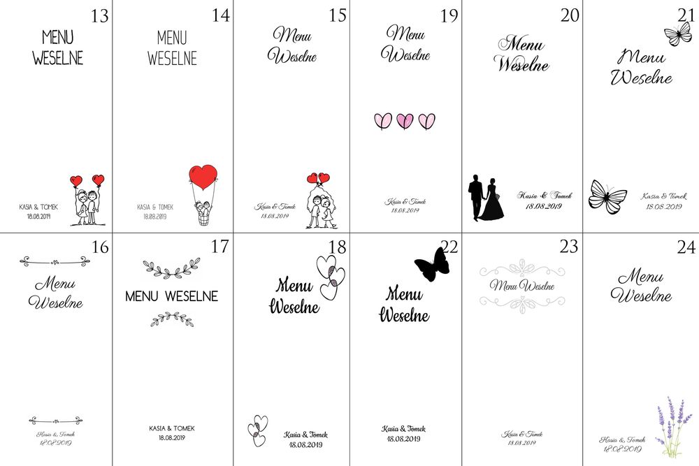 Menu weselne na ślub uroczystość impezę karta dań posiłków