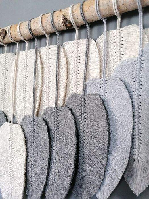 Makrama ścienna XXL Listki szare duże BOHO piórka