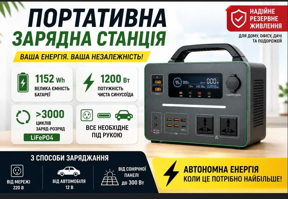 Акумуляторна зарядна станція 1152Wh 1200Вт LiFePO4 220В батарея НОВА