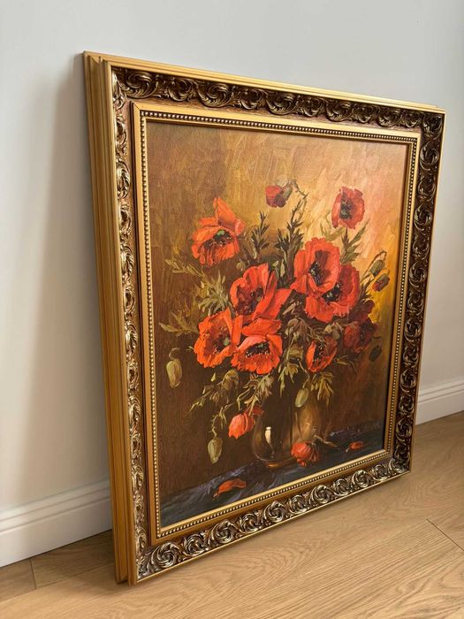Obraz maki olejny 60x50 w ramie zdobionej