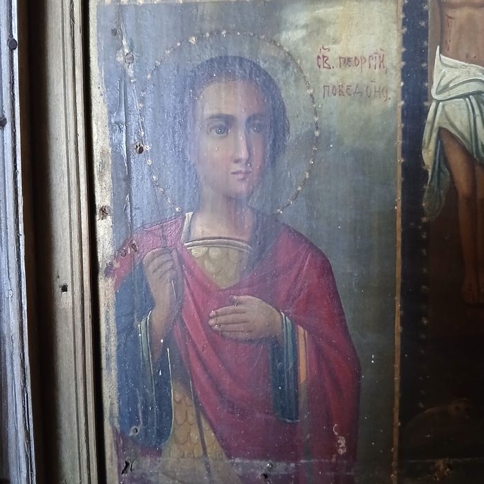 Велика старовинна ікона Розп'яття у кіоті. Кін. XIX ст. Рідкісний напис