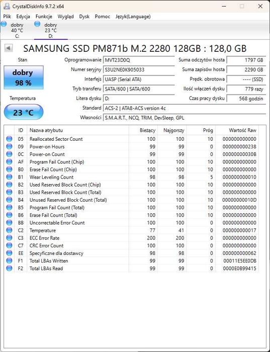 Dysk SSD SAMSUNG PM871b 128GB M.2 2280 SATA GW3m 568h 89