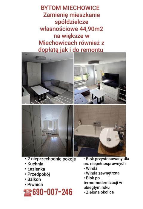 Zamienię mieszkanie spółdzielcze własnościowe na wieksze w Miechowicach