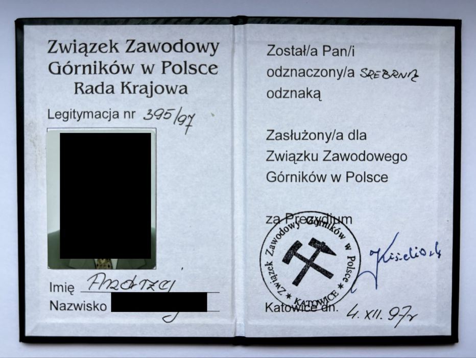 Zasłużony dla górnictwa ZZG legitymacje odznaczenia