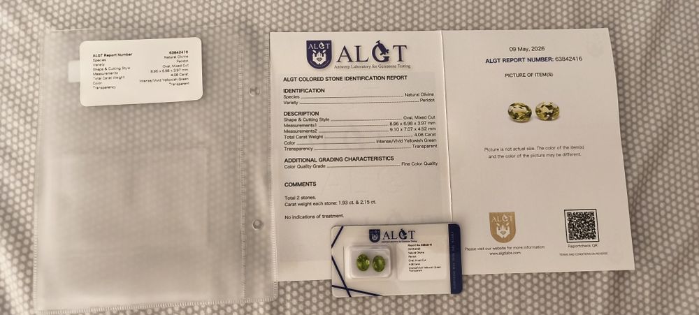 Par de Peridotos Naturais 4.08 CT totais -Certificado ALGT--