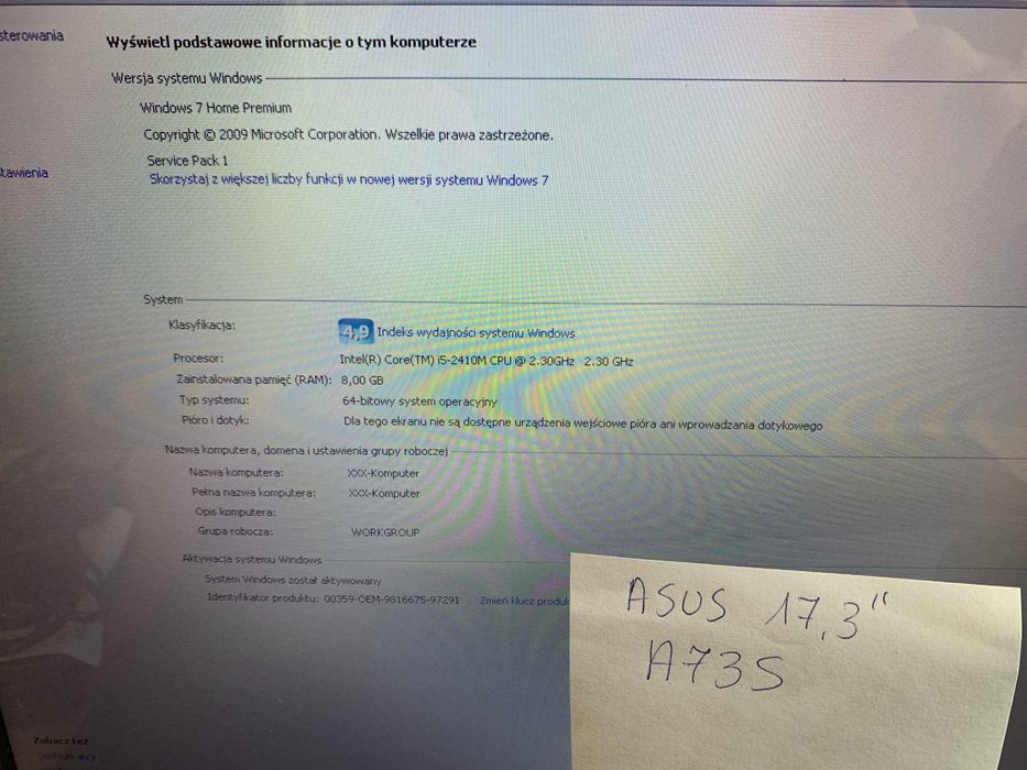 Laptop 17,3" Asus A73S Windows 7