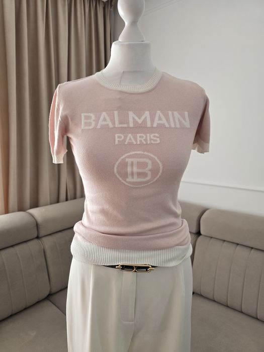 Sweter biały różowy 36 S Balmain bdb wiosenny rozciągliwy