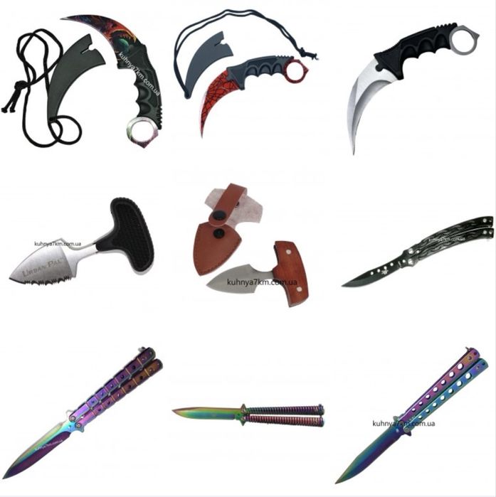 Большой ассортимент ножей, топоров — всё для кухни, рыбалки и охоты