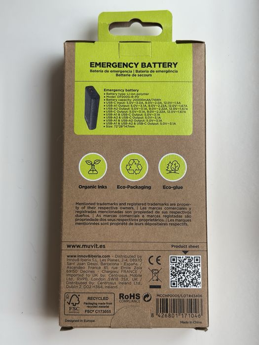Powerbank 20.000mAh 20W Muvit nova