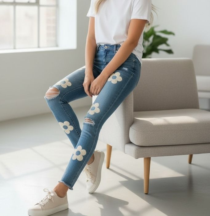 Jeansy flowers push up premium denim - kwiatowe aplikacje S