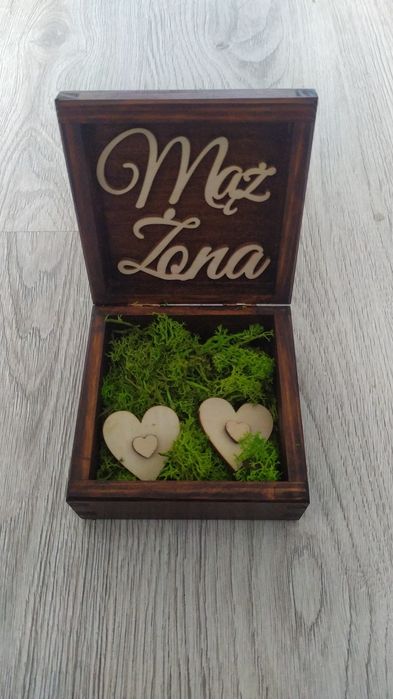 Pudełko na obrączki rustykalne drewniane mąż żona wesele ślub