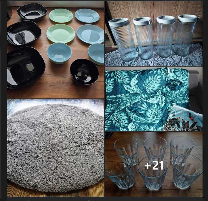 Miski, talerze, szklenki Ikea, organizery, wieszaki, dywan, półka itp