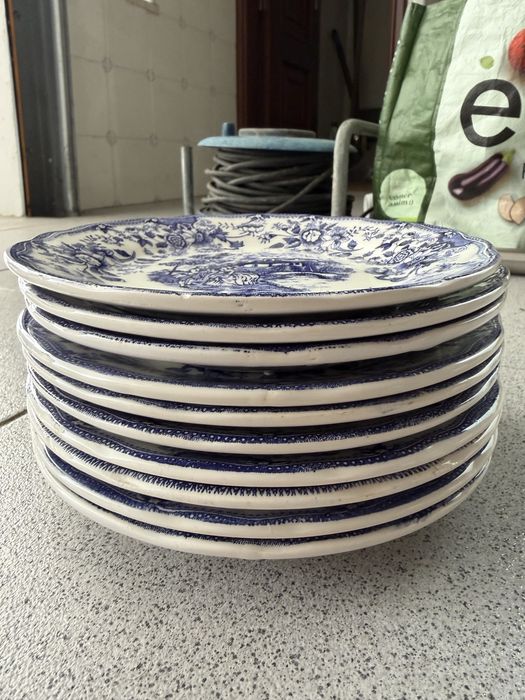 Conjunto 10 Pratos de Sobremesa Vintage Ironstone (Padrão Azul)