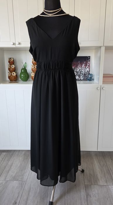Elegancka długa czarna sukienka maxi plus size 48 szyfon sylwester