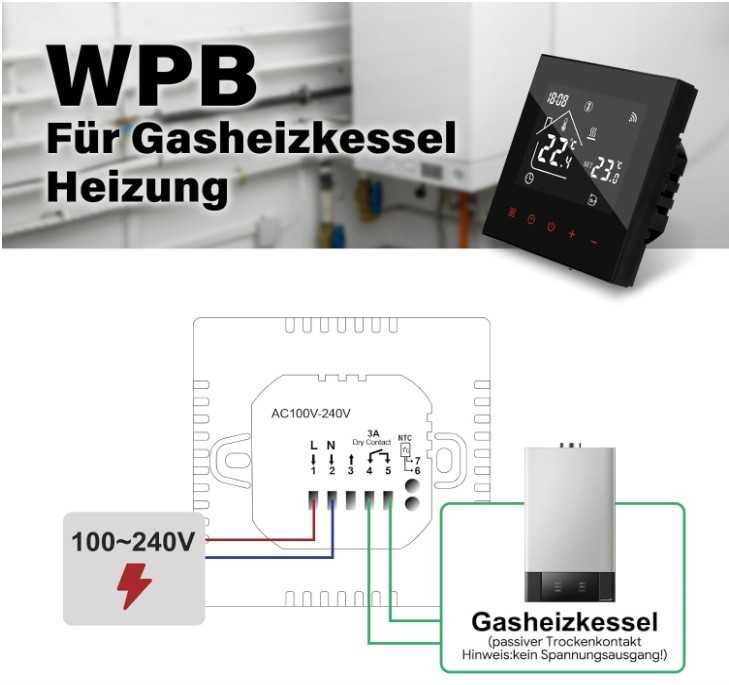 Inteligentny termostat Beok TDR89B-WIFI-WPB, sterowanie kotłem gazowym