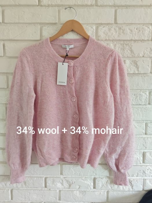 pudrowy wełniany kardigan sweter wool ull mohair DONA L