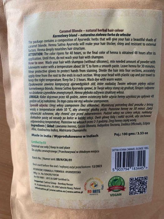 Naturalna ziołowa farba do włosów Sattva Ayurveda Caramel Blond