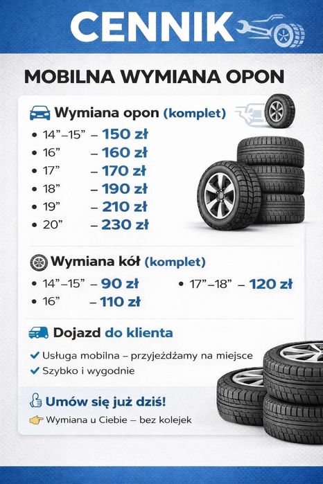 Mobilna wymiana opon pod domem lub w pracy