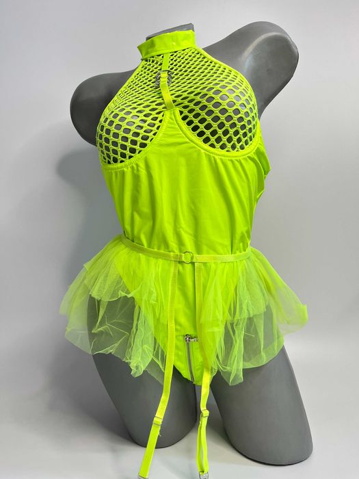 Body erotyczne lateksowe neon zielony halter z siateczką L