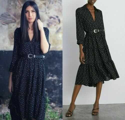 ZARA, Sukienka rozkloszowana z paskiem grochy, L jak M