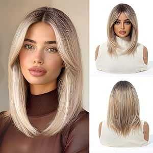 Krótka Prosta Blond Bob Peruka z Grzywką do ramion