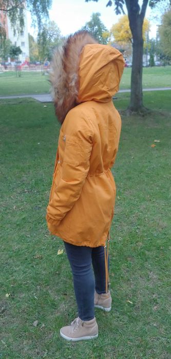 Kurtka parka musztardowa zima 2w1 z odpinanym futerkiem S'West M